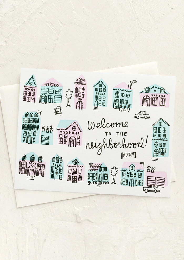 A card with illustrations of houses and text reading "Welcome to the neighborhood!".