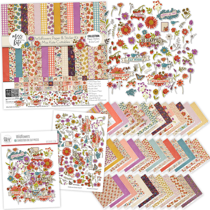 Wildflowers Collection, main product image, showing coordinated Paper & Sticker Kit, full-size Die Cuts, and Sticker Sheet for scrapbook layouts, memory albums, cards, journals, and keepsakes. Buyer theme: Coordinated Garden & Floral Scrapbook Collection. Wildflowers coordinated scrapbook collection with paper, stickers and die cuts for garden memories, outdoor photos, nature journals and colorful botanical projects
