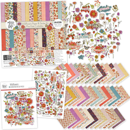 Wildflowers Collection, main product image, showing coordinated Paper & Sticker Kit, full-size Die Cuts, and Sticker Sheet for scrapbook layouts, memory albums, cards, journals, and keepsakes. Buyer theme: Coordinated Garden & Floral Scrapbook Collection. Wildflowers coordinated scrapbook collection with paper, stickers and die cuts for garden memories, outdoor photos, nature journals and colorful botanical projects