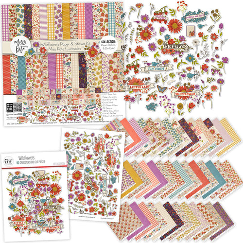 Wildflowers Collection, main product image, showing coordinated Paper & Sticker Kit, full-size Die Cuts, and Sticker Sheet for scrapbook layouts, memory albums, cards, journals, and keepsakes. Buyer theme: Coordinated Garden & Floral Scrapbook Collection. Wildflowers coordinated scrapbook collection with paper, stickers and die cuts for garden memories, outdoor photos, nature journals and colorful botanical projects