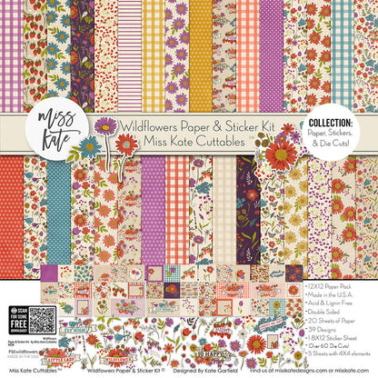 Wildflowers Collection, collection product image, showing coordinated Paper & Sticker Kit, full-size Die Cuts, and Sticker Sheet for scrapbook layouts, memory albums, cards, journals, and keepsakes. Buyer theme: Coordinated Garden & Floral Scrapbook Collection. Wildflowers coordinated scrapbook collection with paper, stickers and die cuts for garden memories, outdoor photos, nature journals and colorful botanical projects