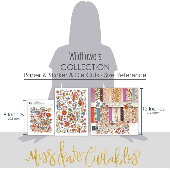 Wildflowers Collection, size guide image, showing coordinated Paper & Sticker Kit, full-size Die Cuts, and Sticker Sheet for scrapbook layouts, memory albums, cards, journals, and keepsakes. Buyer theme: Coordinated Garden & Floral Scrapbook Collection. Wildflowers coordinated scrapbook collection with paper, stickers and die cuts for garden memories, outdoor photos, nature journals and colorful botanical projects. Designed for Card making, Mini albums, Junk journals