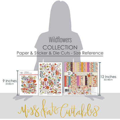 Wildflowers Collection, size guide image, showing coordinated Paper & Sticker Kit, full-size Die Cuts, and Sticker Sheet for scrapbook layouts, memory albums, cards, journals, and keepsakes. Buyer theme: Coordinated Garden & Floral Scrapbook Collection. Wildflowers coordinated scrapbook collection with paper, stickers and die cuts for garden memories, outdoor photos, nature journals and colorful botanical projects. Designed for Card making, Mini albums, Junk journals