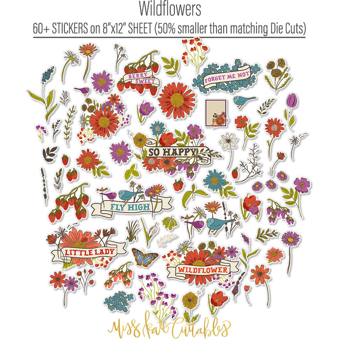 Wildflowers Stickers, alternate sticker sheet spread out image, showing coordinating scrapbook stickers for layouts, planners, journals, cards, memory albums, titles, and quick finishing details. Buyer theme: Floral Stickers for Scrapbooks, Journals & Planners. Wildflowers Sticker Sheet with scaled floral titles, blossoms, strawberries, berries, birds, butterfly, leaves and botanical accents for scrapbook pages, journals and planners