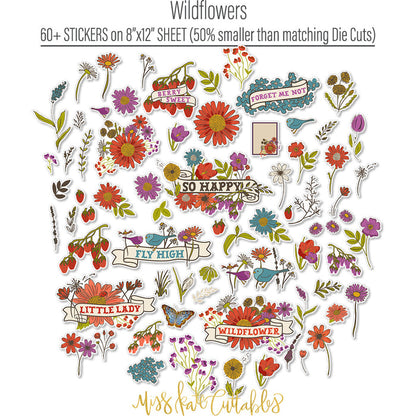 Wildflowers Stickers, alternate sticker sheet spread out image, showing coordinating scrapbook stickers for layouts, planners, journals, cards, memory albums, titles, and quick finishing details. Buyer theme: Floral Stickers for Scrapbooks, Journals & Planners. Wildflowers Sticker Sheet with scaled floral titles, blossoms, strawberries, berries, birds, butterfly, leaves and botanical accents for scrapbook pages, journals and planners