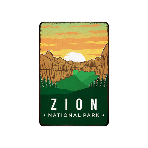 Zion National Park metal sign with rustic distressed design and Utah theme for cabin wall decor